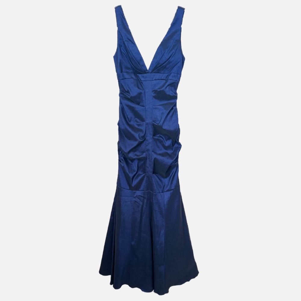 Cache Evening Gown Ruched Mermaid Maxi Dress Midnight Blue Taffeta Size 6
